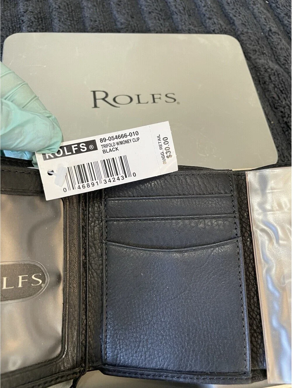 ROLFS Tri-Fold Black Leather Wallet with Money Clip Tin Box. NEW